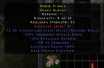 Zon Rare Gloves +2 Javelin And Speak Skills/20% IAS/10 Str/Lr 25%