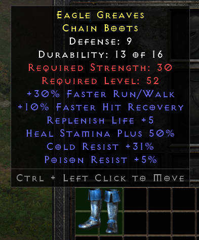 Rare Boots +30% FRW/10% FHR/Repl Life+5/Cr 31%/Pr 5%