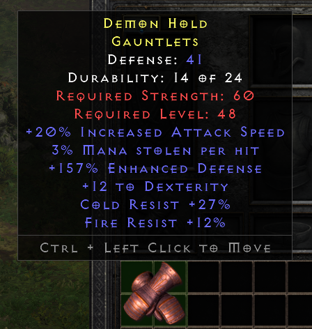 Rare Gloves +20% IAS/3%ml/157%ed/12 Dex/Cr 27%/Fr 12%